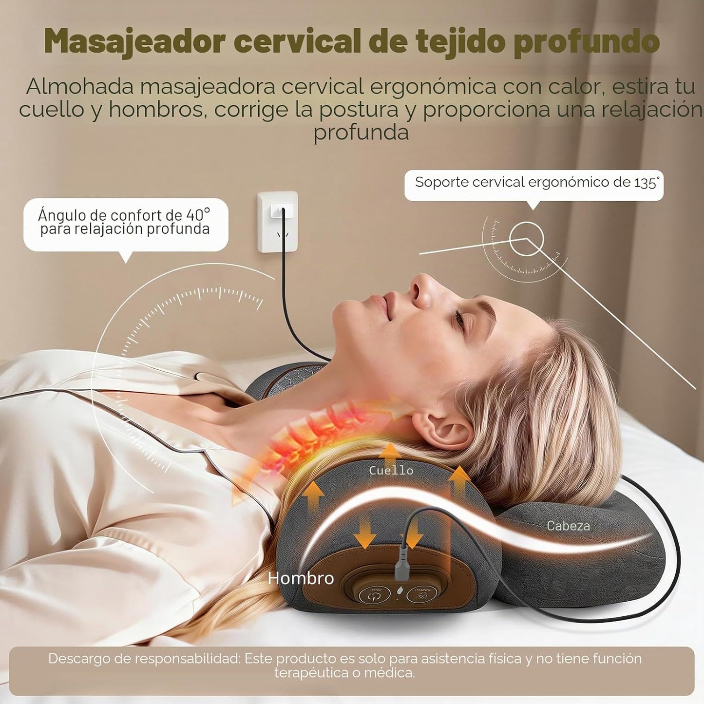 Almohada masajeadora de cuello 3 en 1 para aliviar el dolor, masaje...