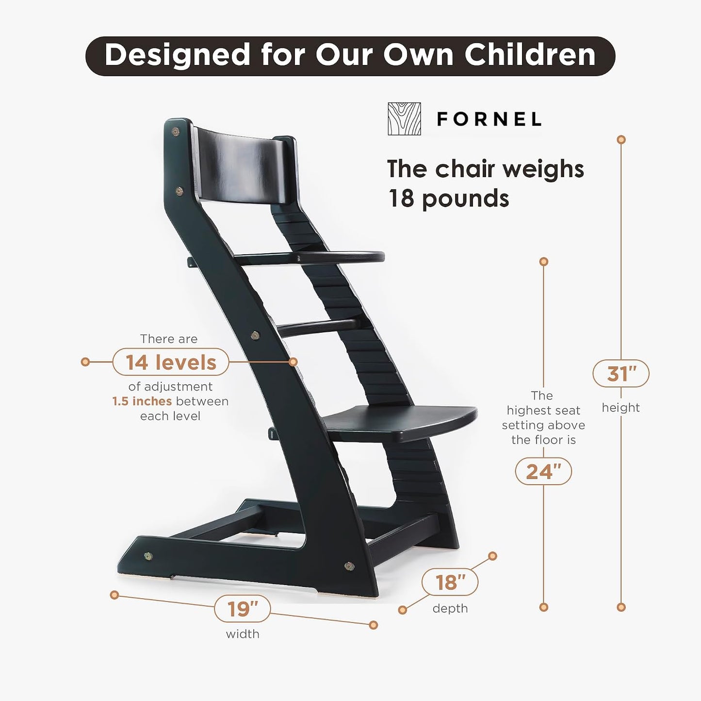 FORNEL Silla alta moderna de madera negra | La silla ajustable Grow...