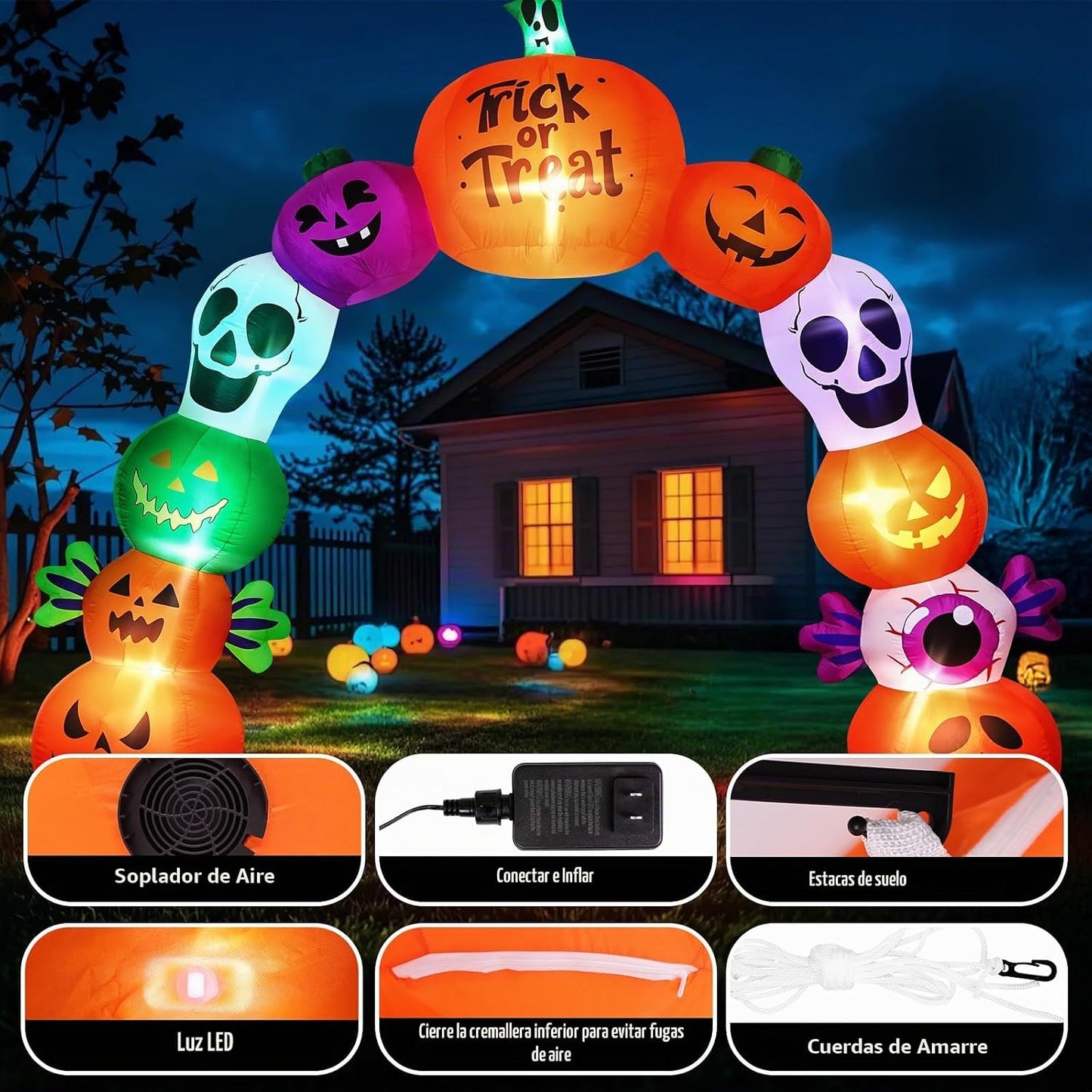 Arco inflable de Halloween de 10 pies, esqueleto de calabaza, decor...