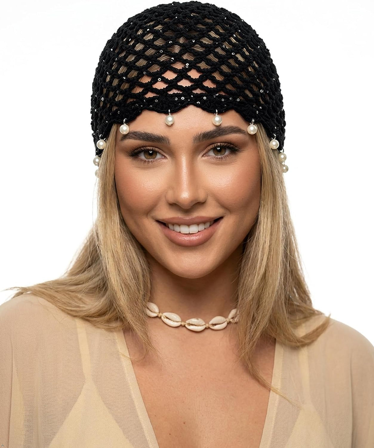 HENWASAI Gorro de ganchillo brillante para mujer con ribete de perl...