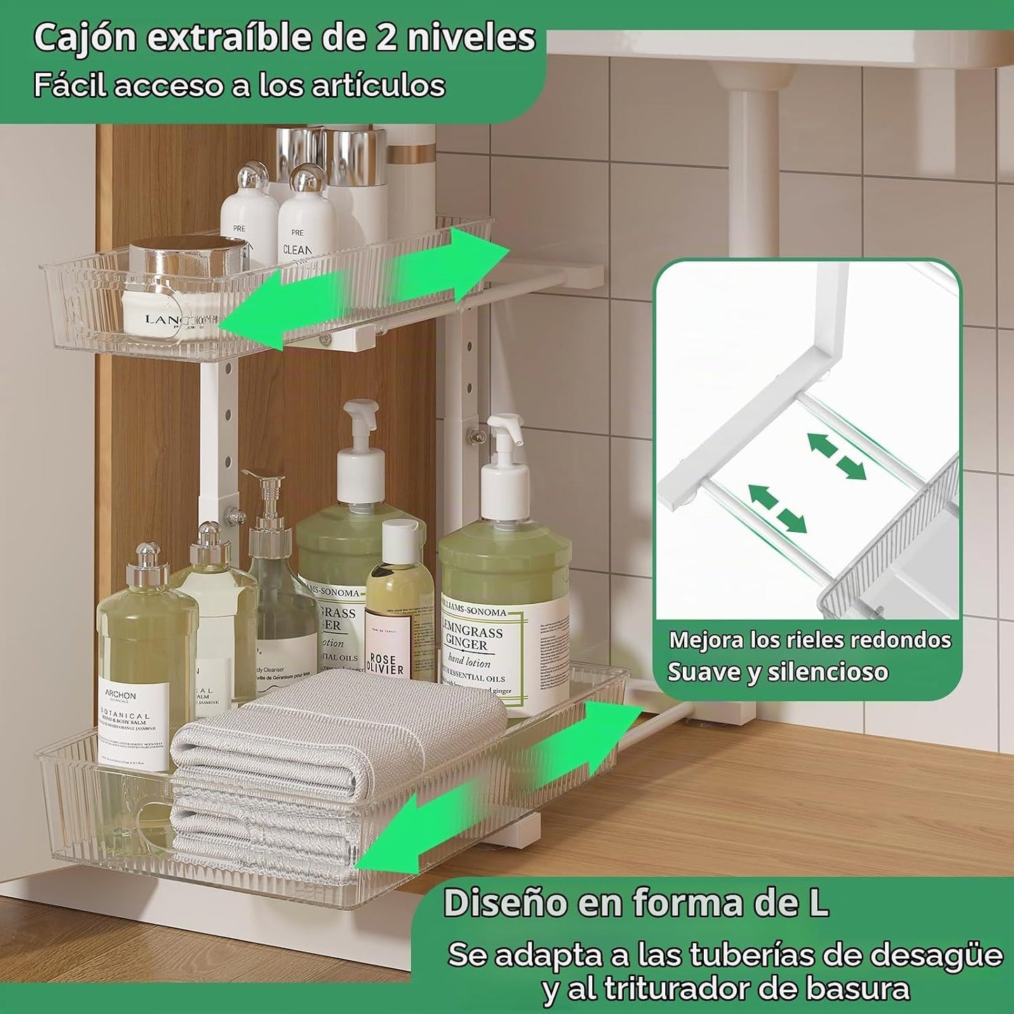 ADRIMER Organizador para debajo del fregadero, 2 paquetes, organiza...