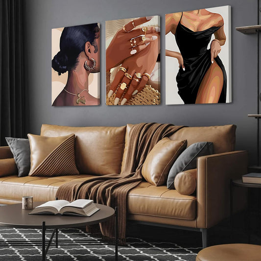 Elegante Arte de Pared de Mujer Negra Juego de 3, Pintura Abstracta...
