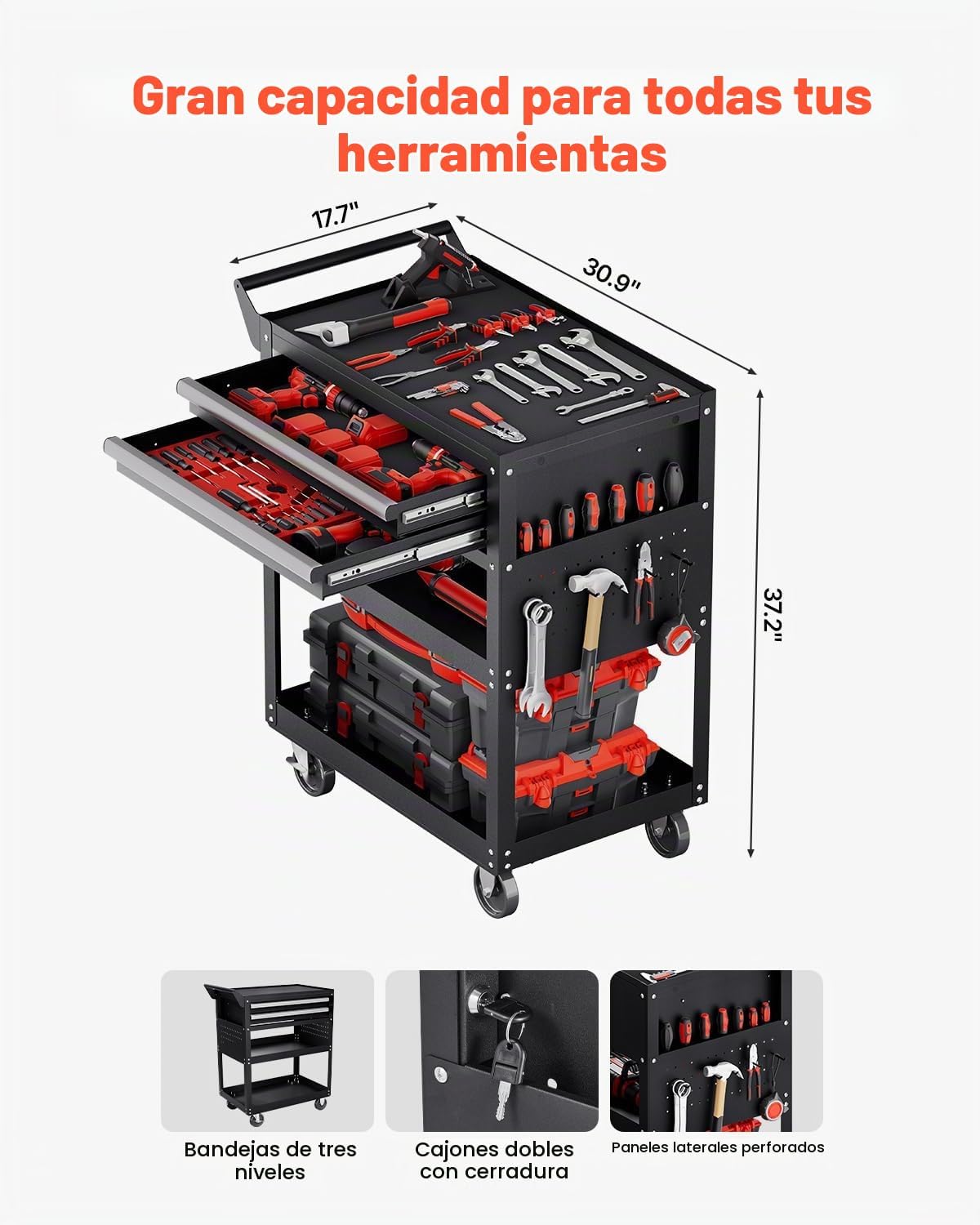 VEVOR Carrito de herramientas de 5 niveles con ruedas, capacidad de...