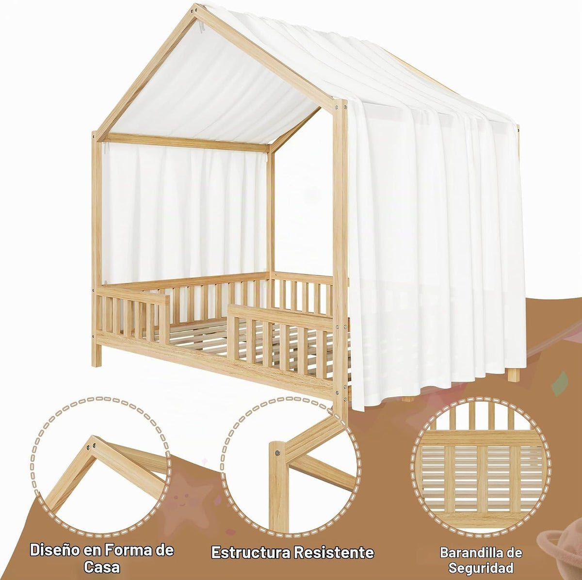 Bellemave Estructura de cama completa con toldo, cama Montessori, c...