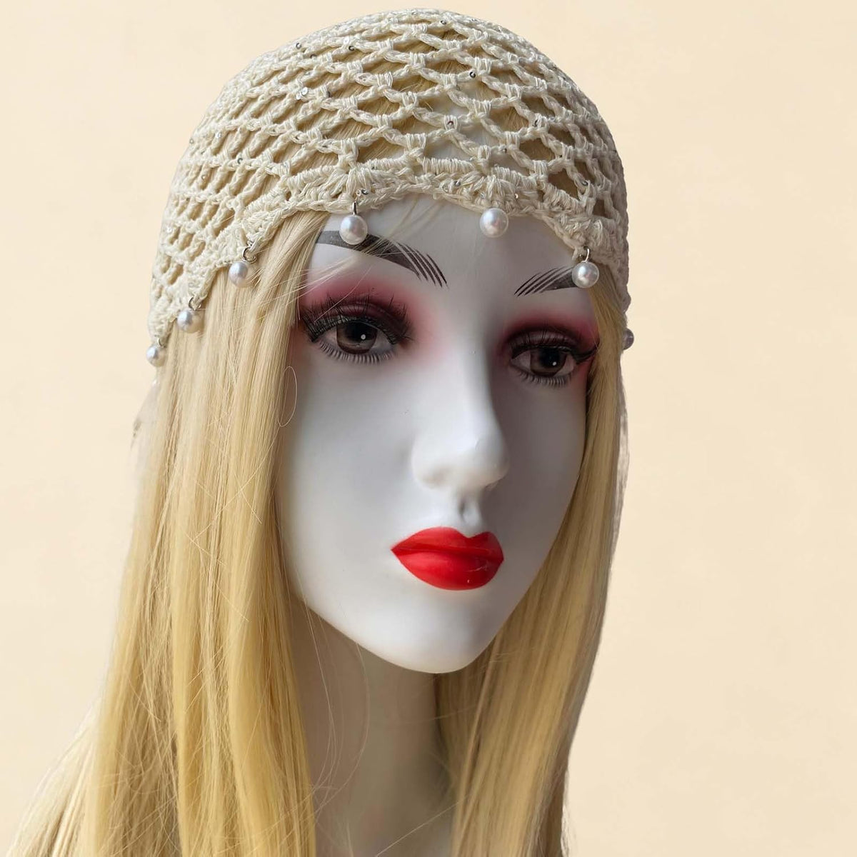 Qkxbxk Gorro de punto hueco con lentejuelas y perlas para mujer, es...