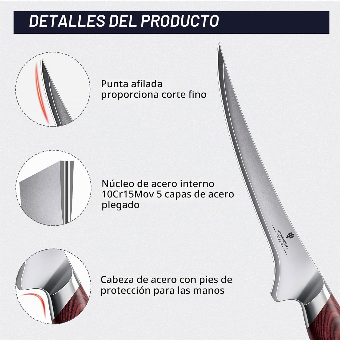SANMEIHO Cuchillo de filete de 7 pulgadas, cuchillo afilado de pesc...