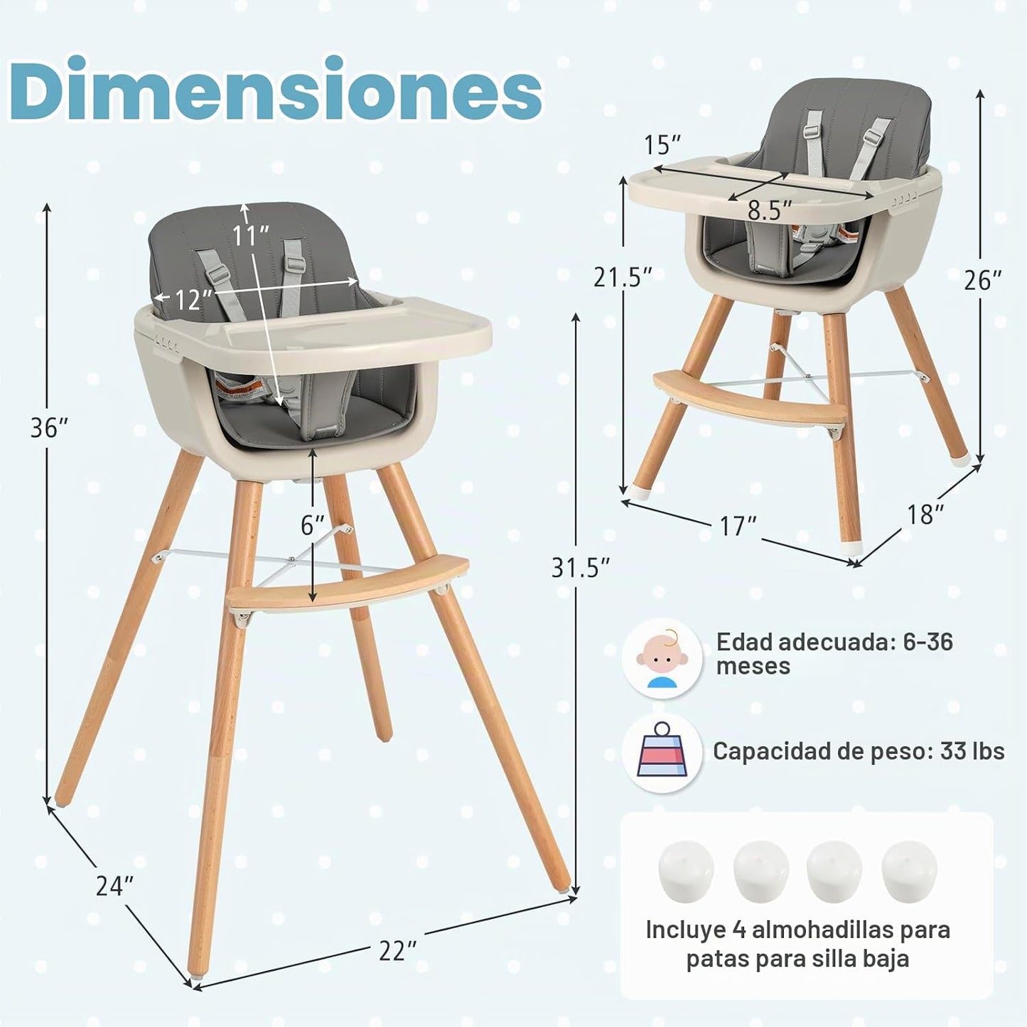 HONEY JOY Silla alta para bebé, silla alta 6 en 1 de madera Eat &am...
