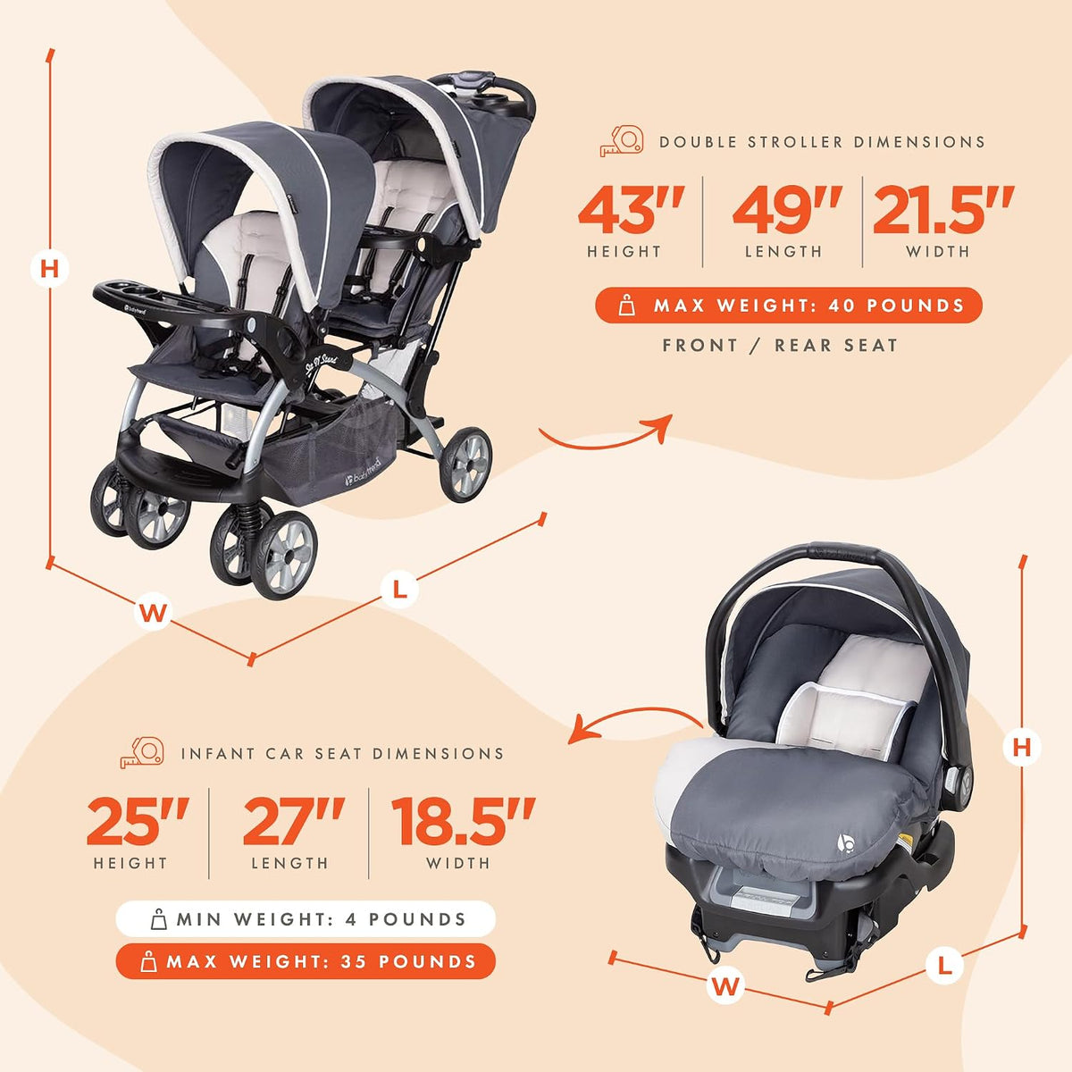 Cochecito Baby Trend doble, de 5 puntos, y asiento infantil para ve...