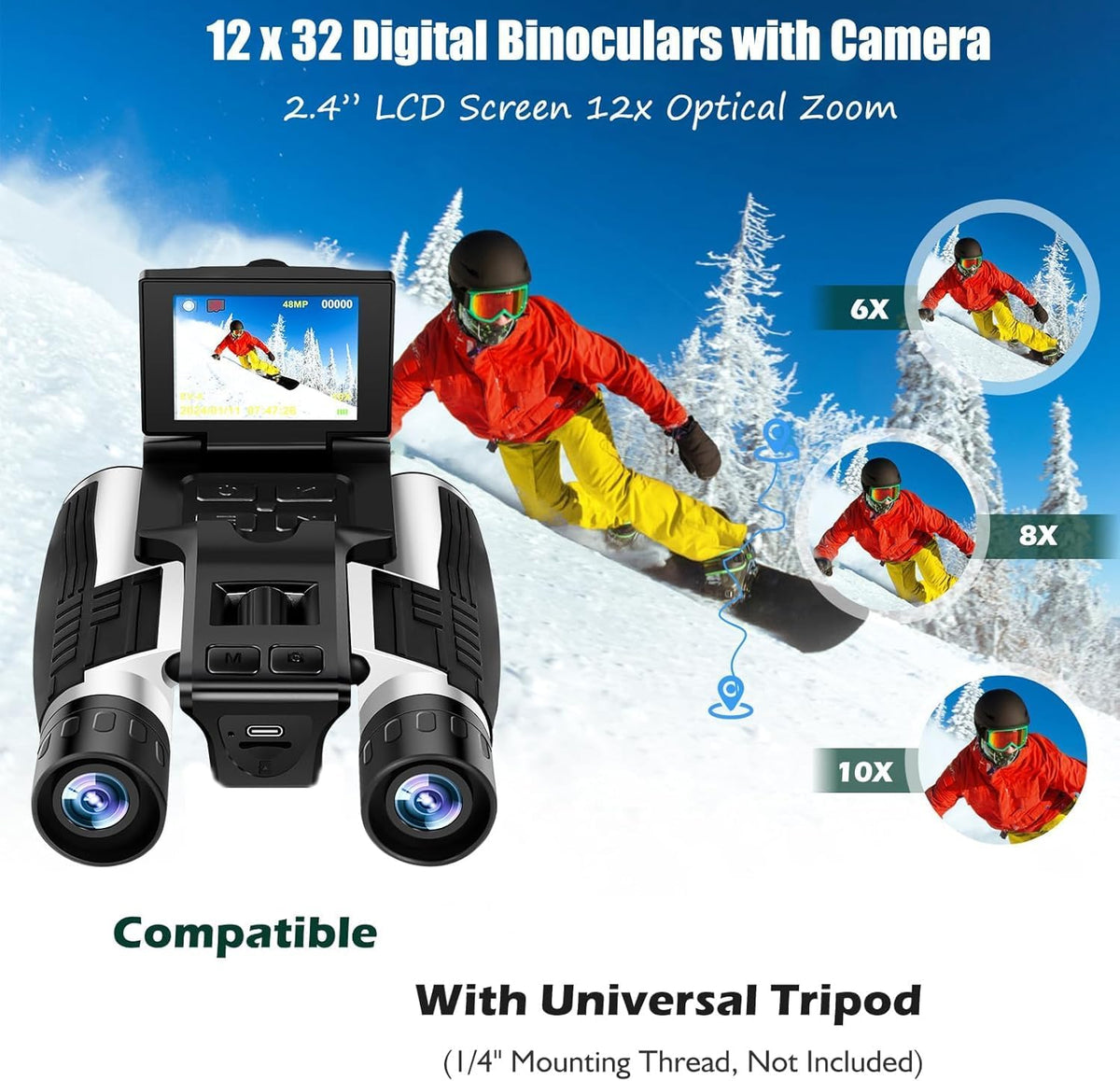 Prismáticos digitales LCD de 2.4 pulgadas con cámara para adultos,...