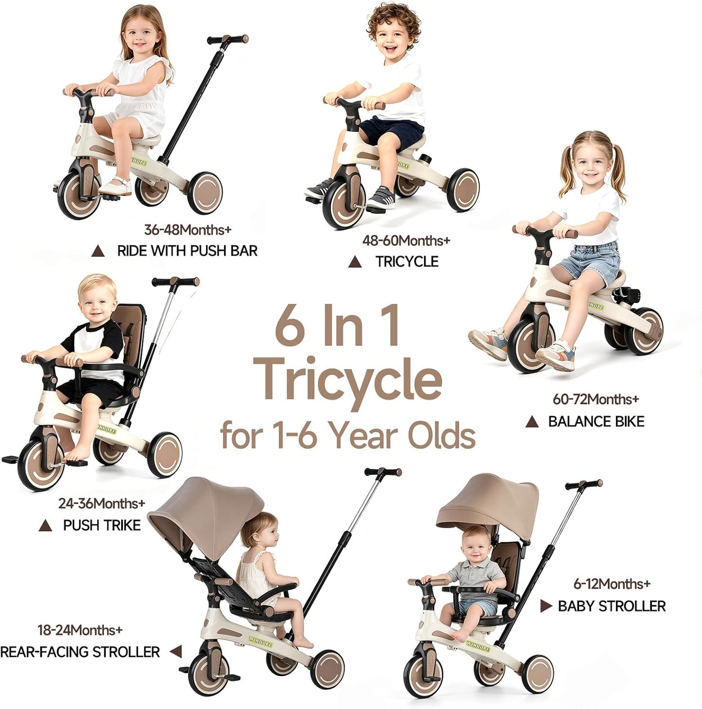 Triciclo para niños, triciclo 6 en 1 para bebés con mango ajustable...