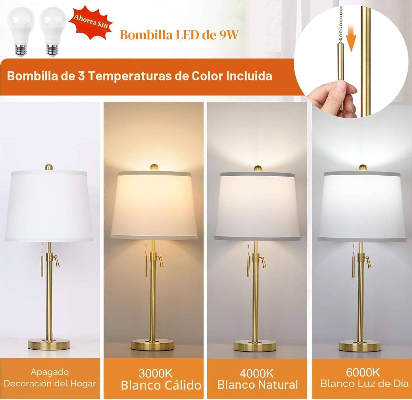JUNNAI Juego de 2 lámparas de mesa de altura ajustable de 22 a 30 p...