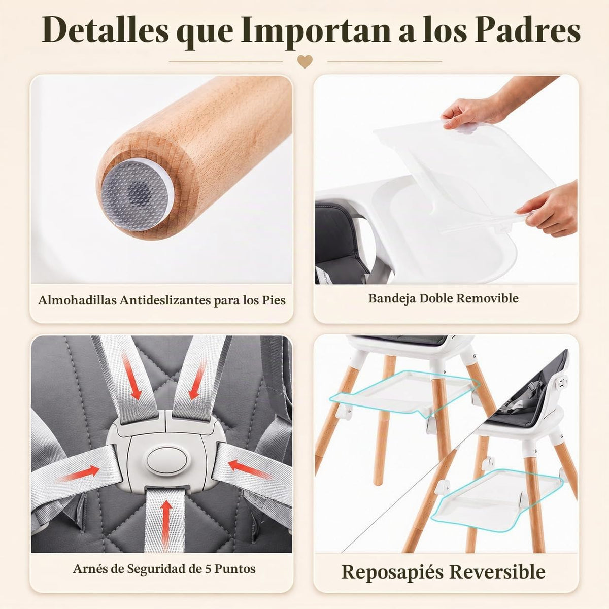 DDIOYIUR Silla alta convertible 6 en 1 para bebé, patas de madera d...