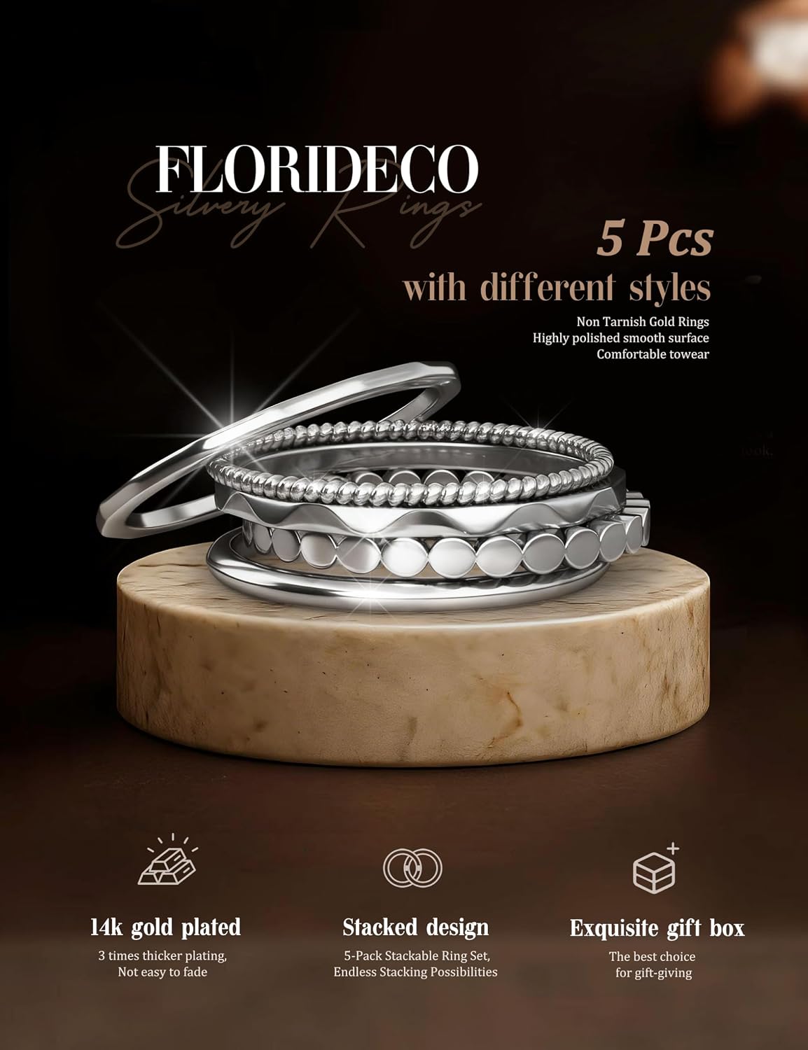 Florideco Anillos apilables chapados en oro de 14 quilates para muj...