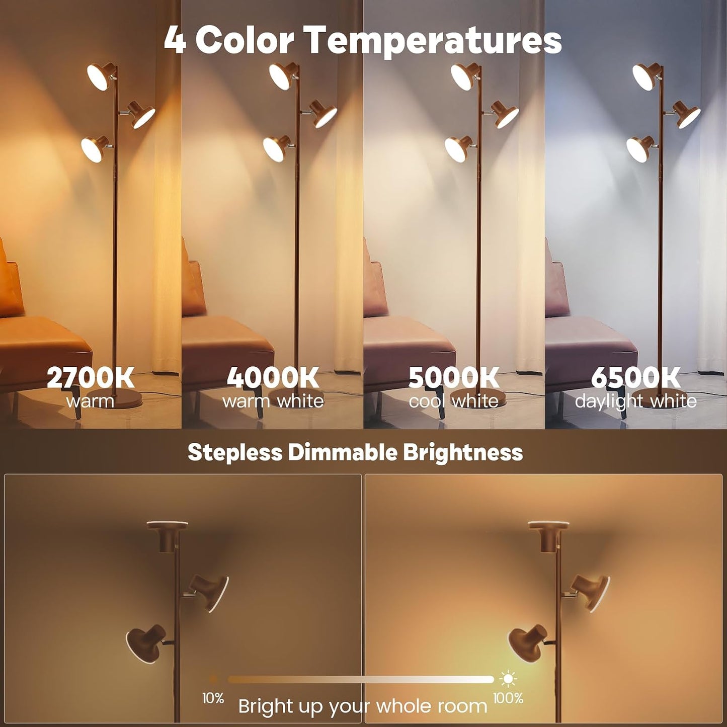 SIBRILLE Lámpara de pie LED de árbol de 36W, lámpara de pie ajustab...
