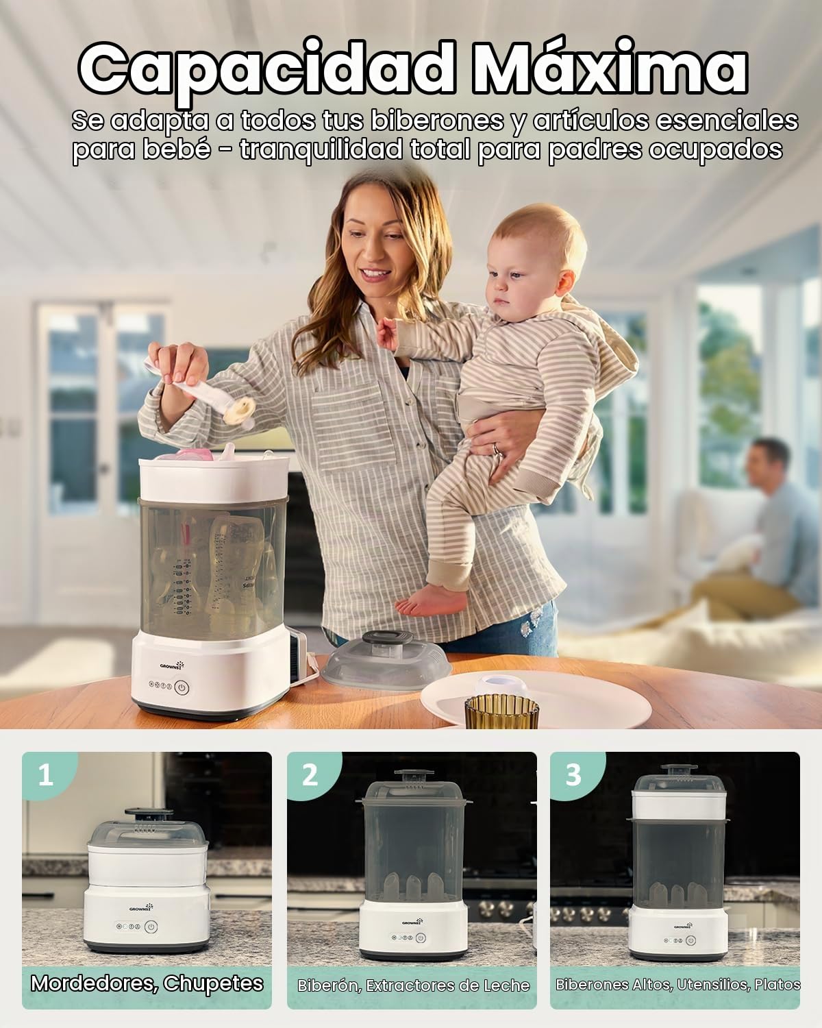 Grownsy Esterilizador y secador compacto para biberones con desinfe...