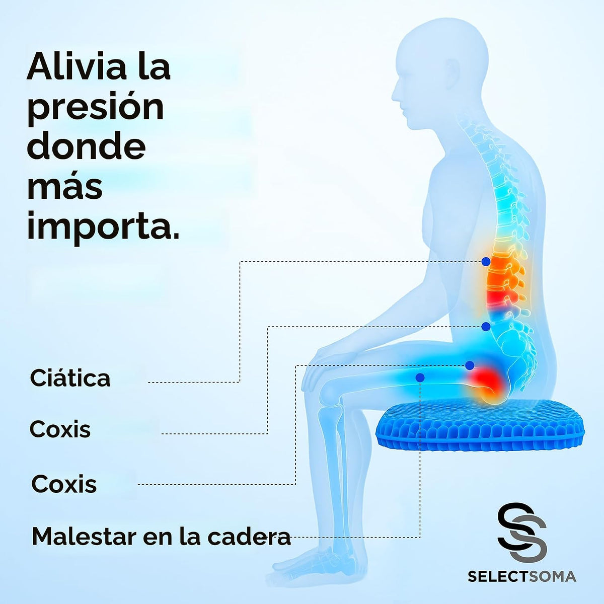 Cojín grande de gel para sentarse durante mucho tiempo, alivio de p...