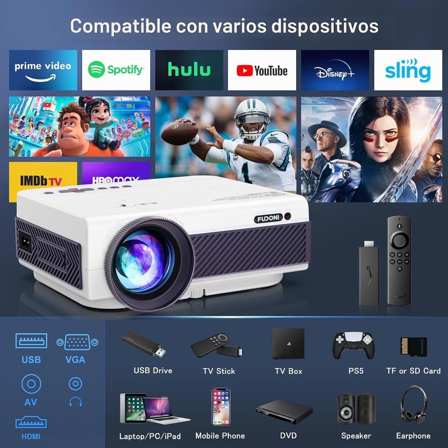 FUDONI Proyector Bluetooth WiFi Native 1080P, proyector de película...