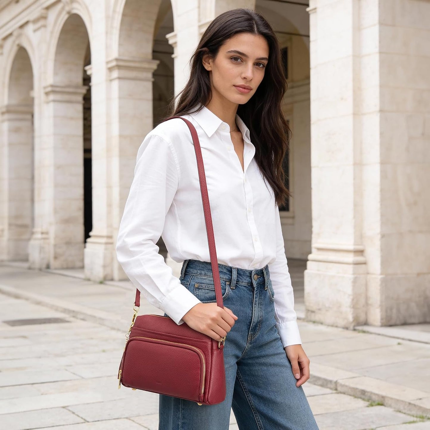 Kattee Bolso cruzado de cuero para mujer, pequeño, antirrobo, con c...