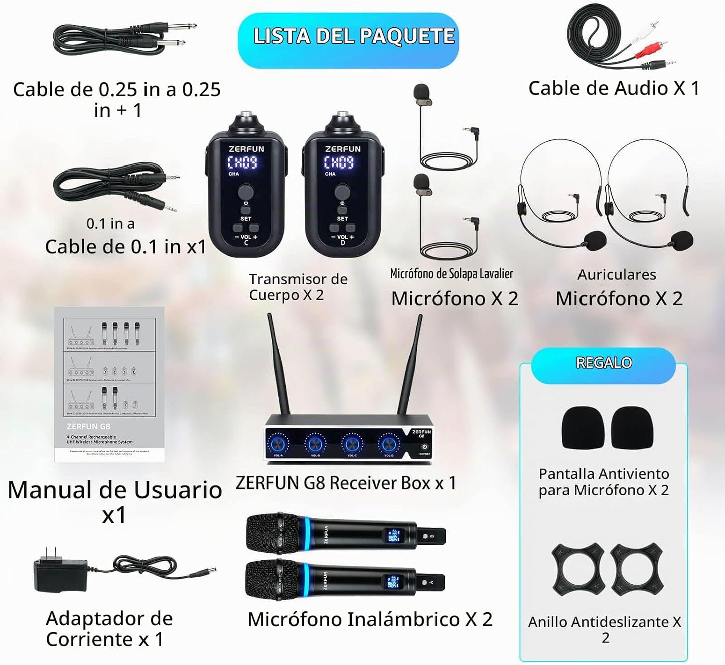 ZERFUN Sistema de Micrófono Inalámbrico Recargable de 4 Canales, Mi...
