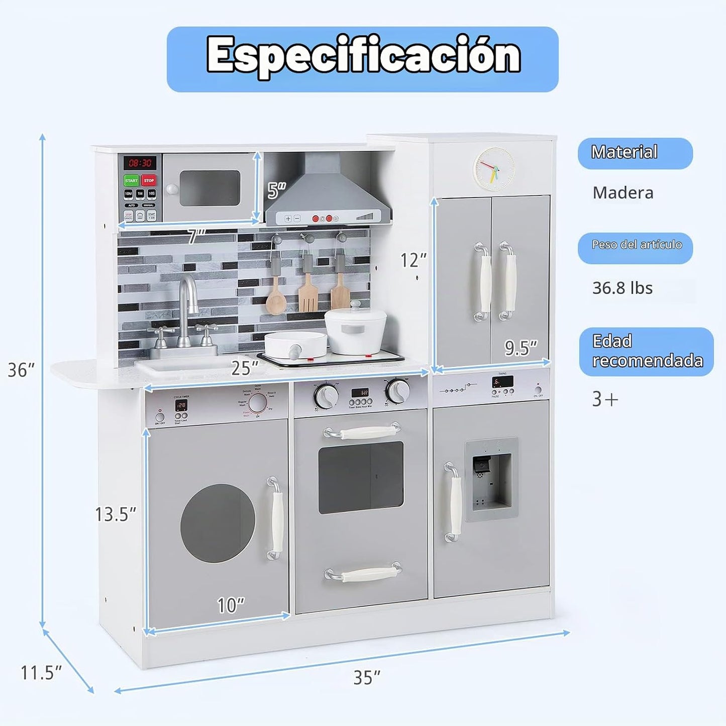 INFANS Juego de cocina para niños, juego de cocina de madera con lu...