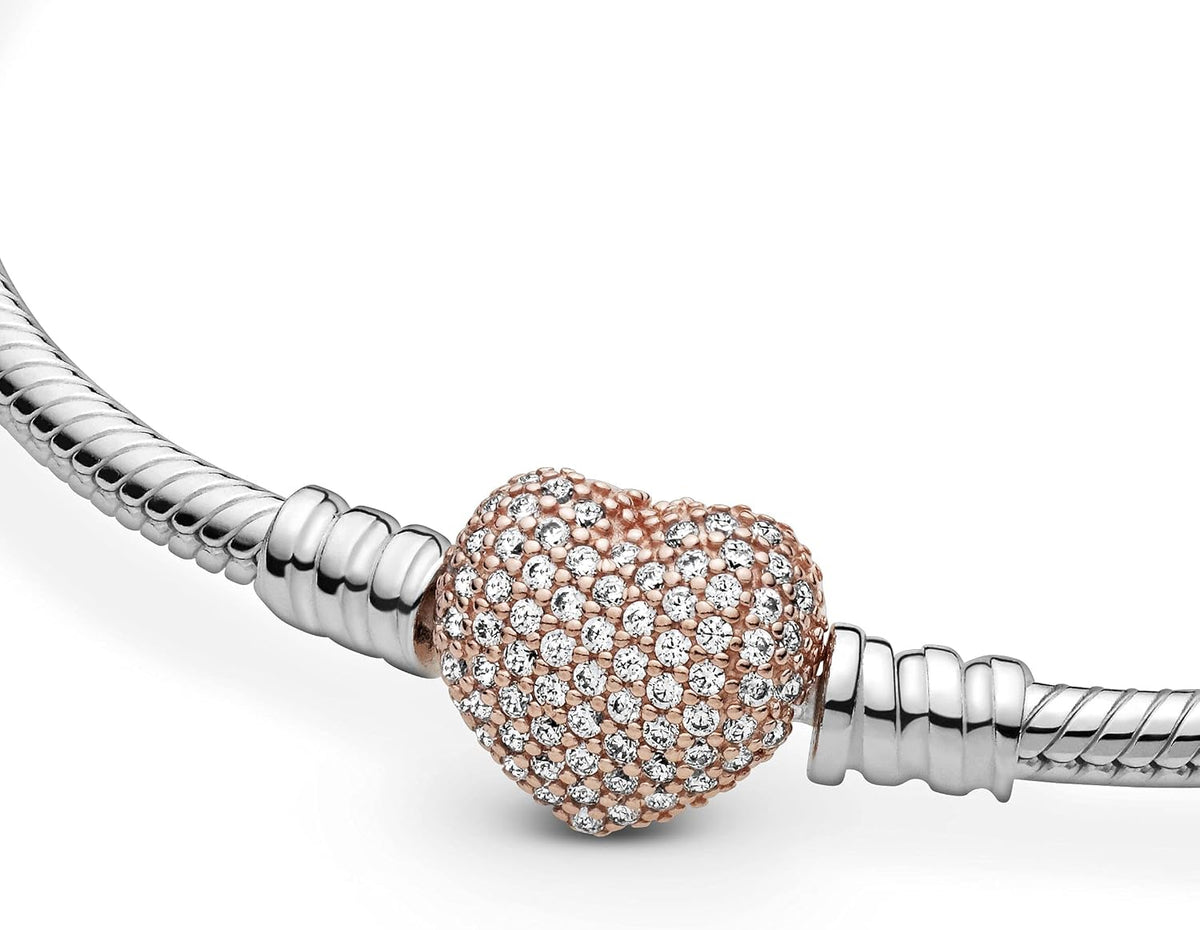 Pulsera de plata PANDORA con cierre de corazón rosa pavé