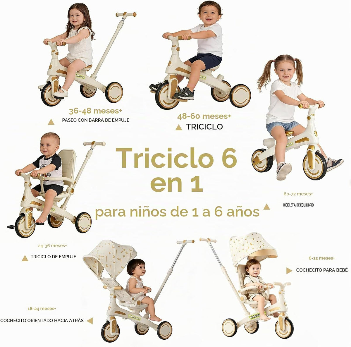 Triciclo para niños, triciclo 6 en 1 para bebés con mango ajustable...