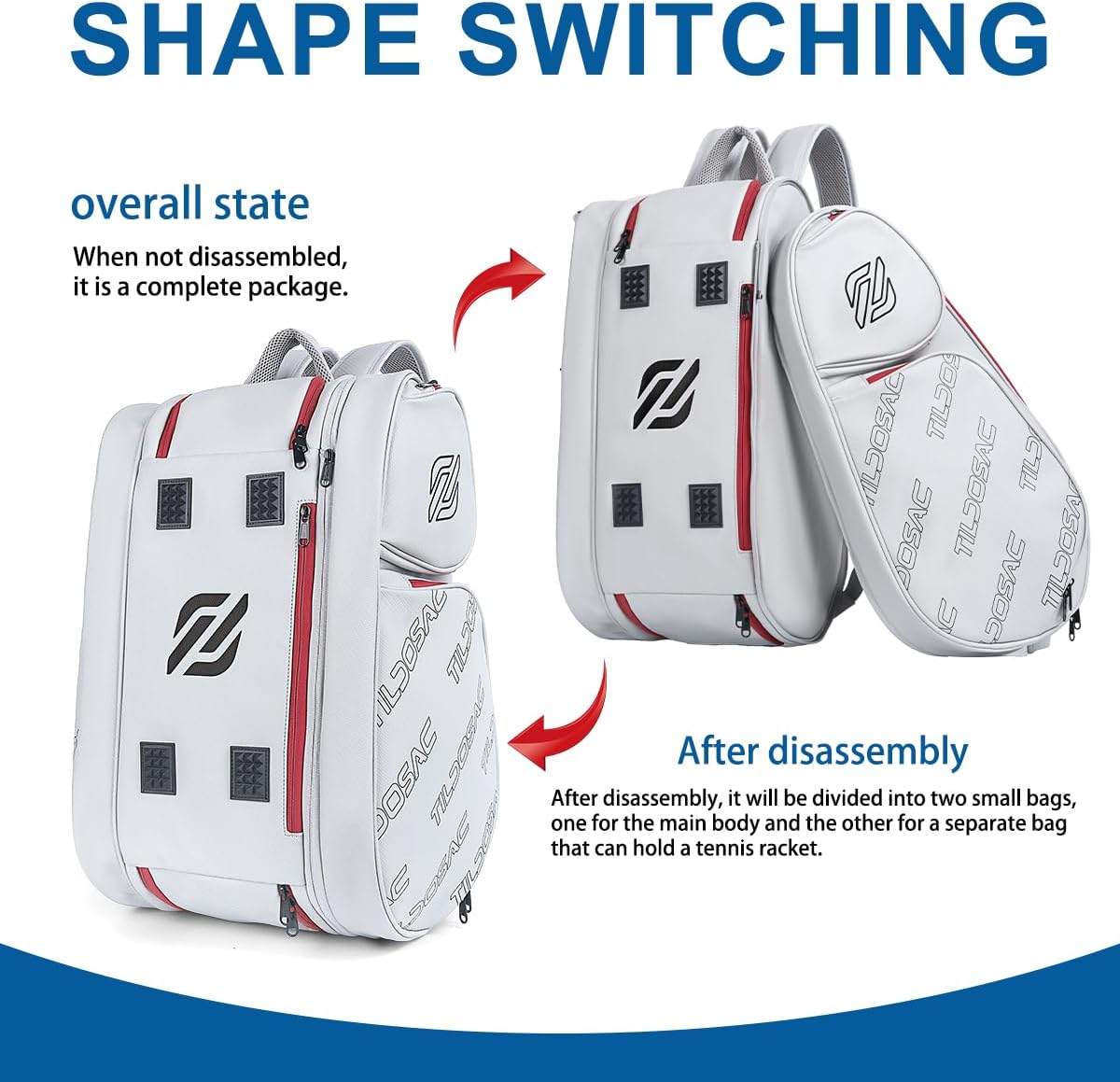 TILDOSAC Bolsa desmontable 2 en 1 para pickleball y pádel para homb...