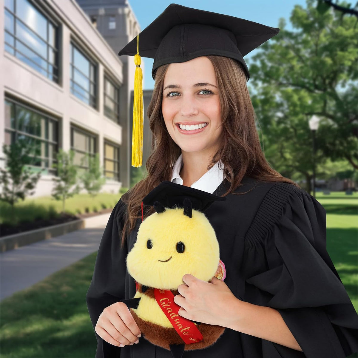 RHHSSE Peluche de abeja sonriente gordita con gorra de doctorado, a...