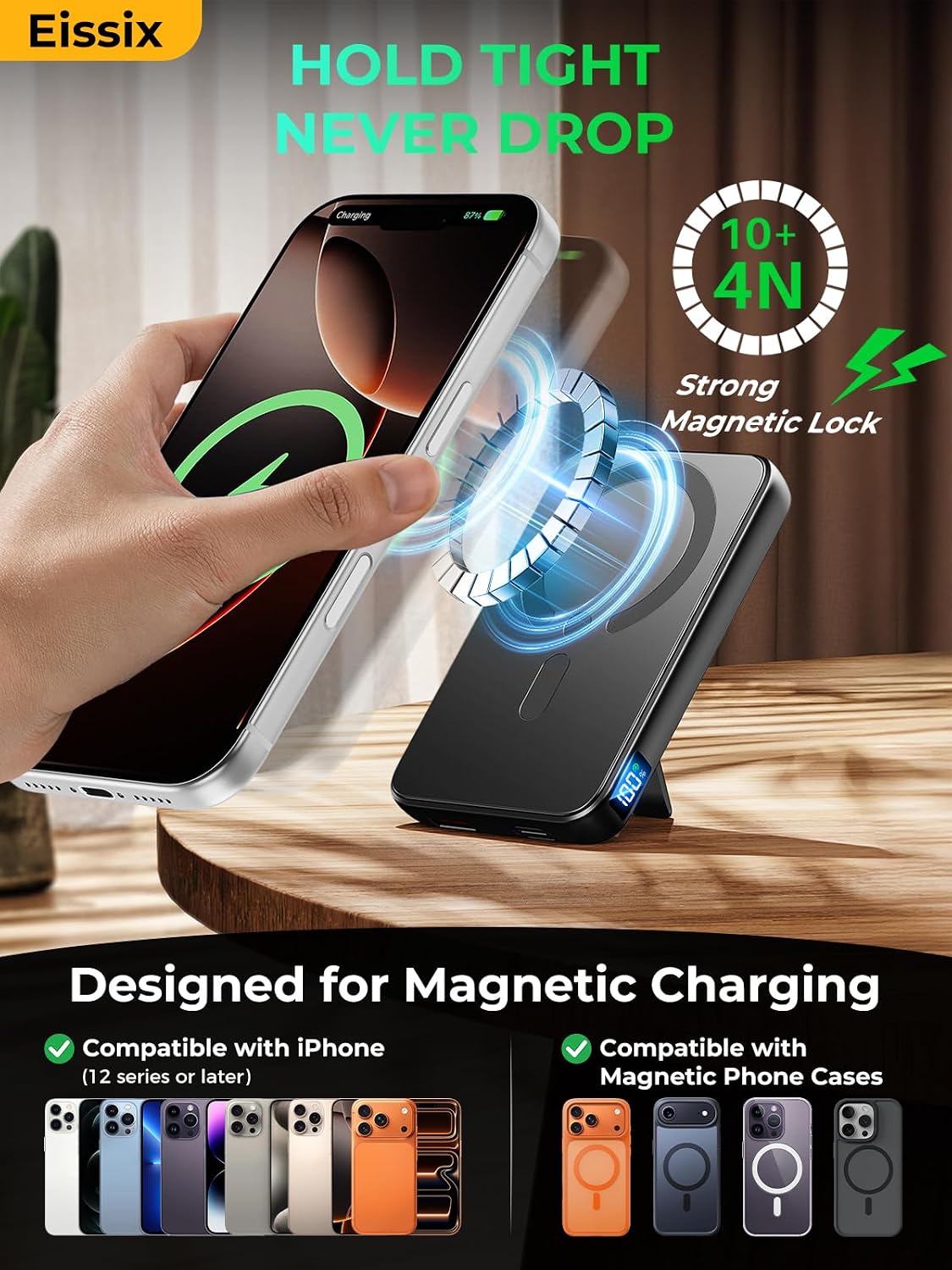 Eissix Cargador portátil magnético, banco de energía inalámbrico de...