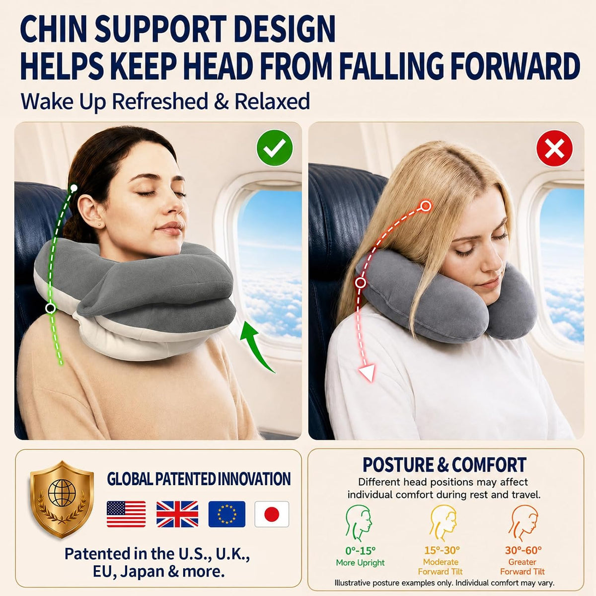 BUYUE Almohadas de cuello de viaje para aviones, espuma viscoelásti...