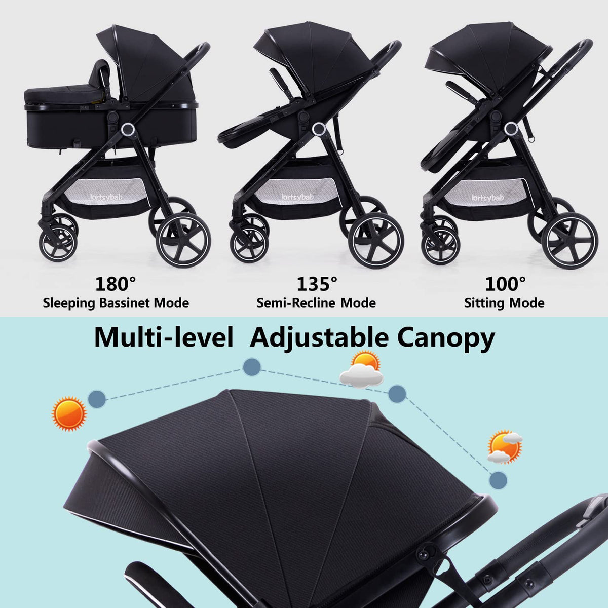 Lortsybab Cochecito de bebé 2 en 1 \u2013 Cochecito plegable para r...