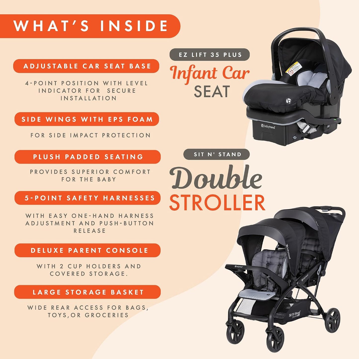 Baby Trend Cochecito de bebé y niño pequeño doble y asiento de coch...