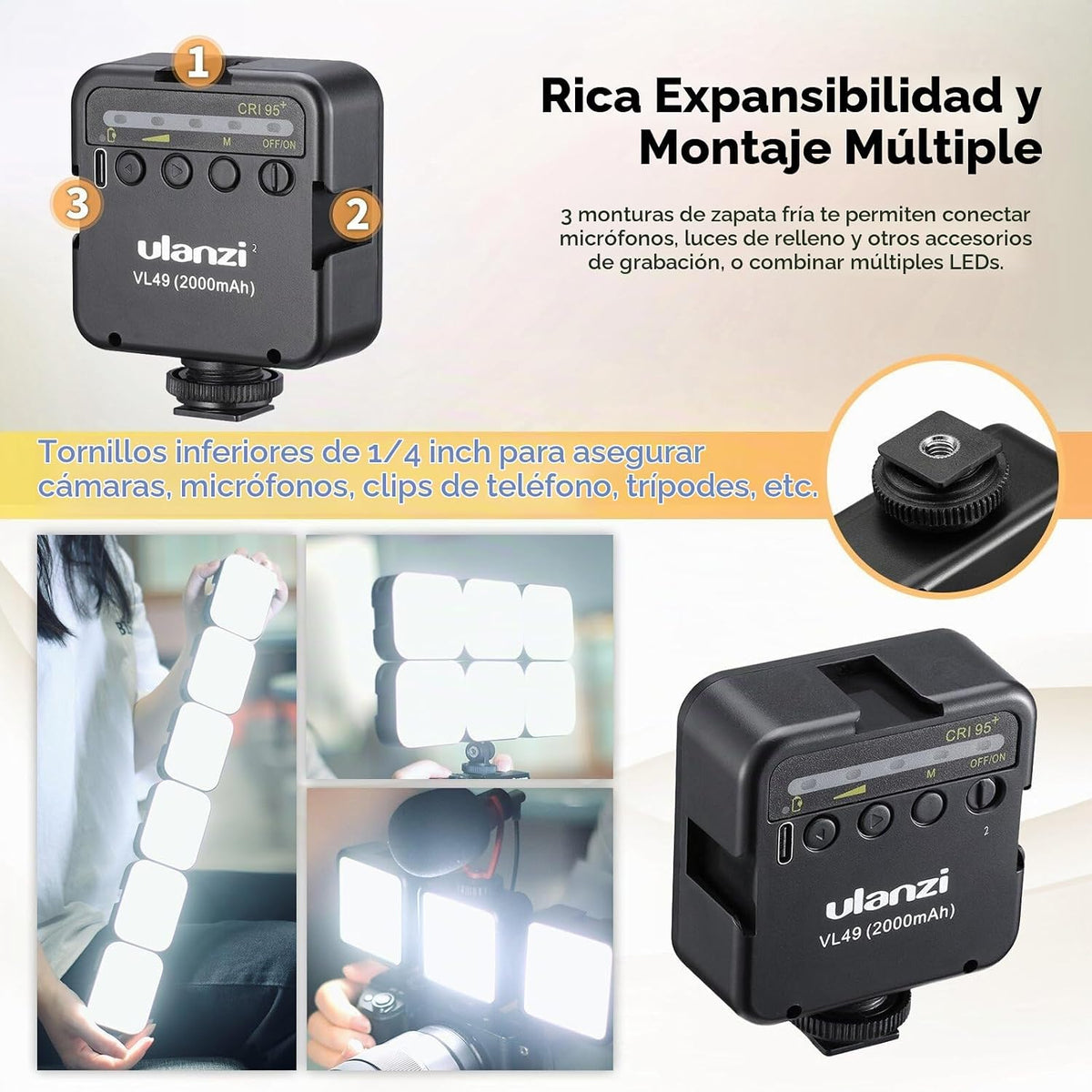 Ulanzi VL49 - Luz de relleno de video LED en cámara, 5500K 2000mAh...
