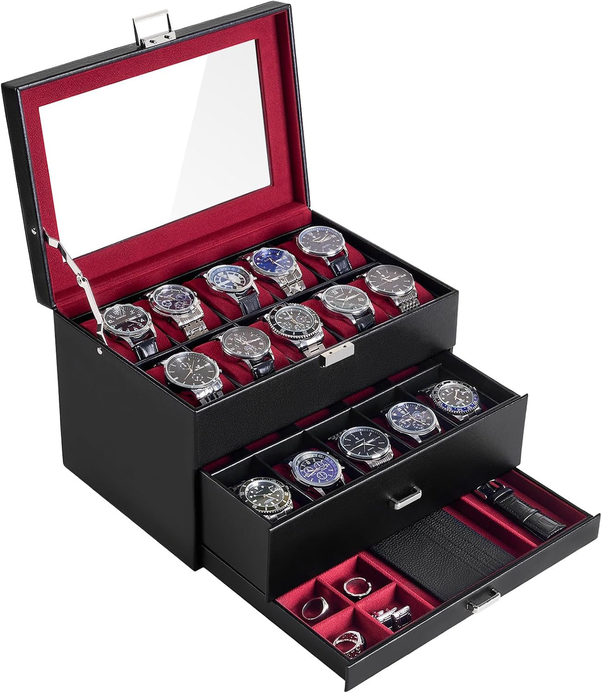 ProCase Caja de reloj de 3 capas con tapa de vidrio para hombre, 20...