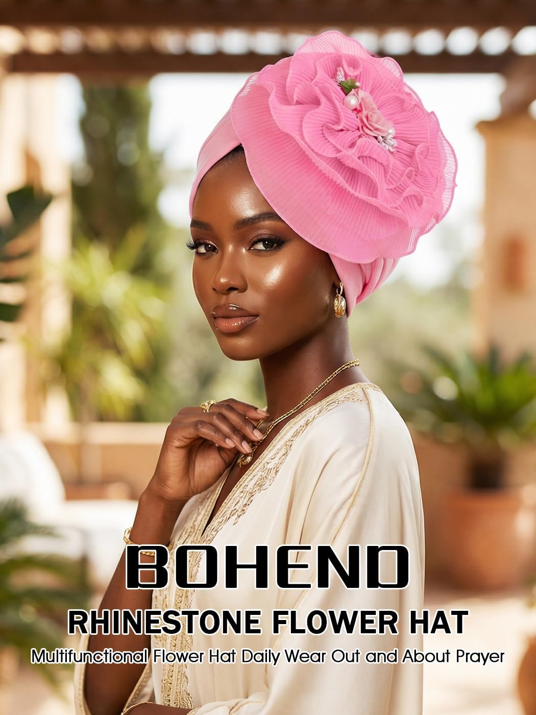 Bohend Gorro de turbantes de flores, nudo de perla, gorro preatado...
