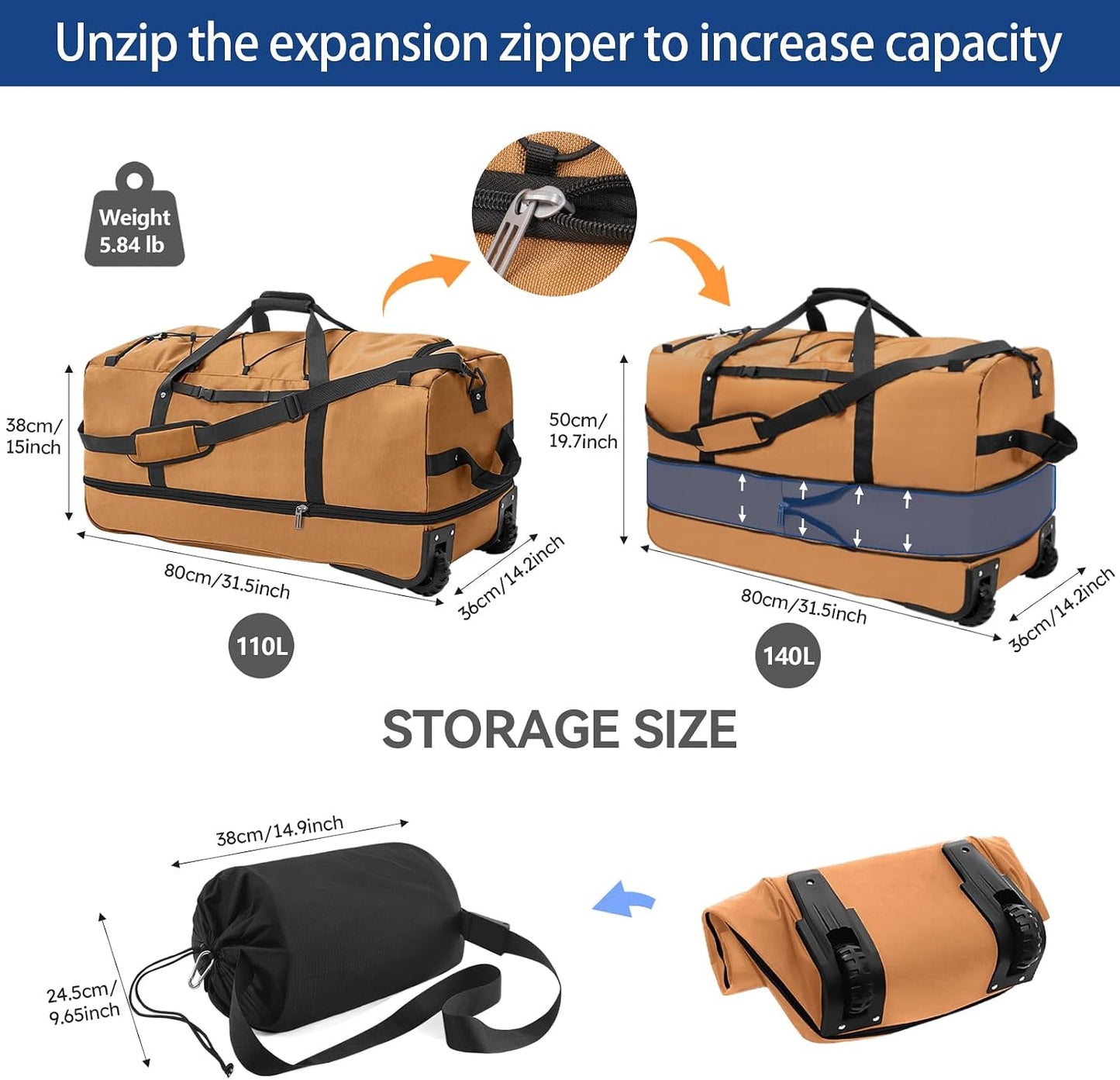 Vrtisa - Bolsa de viaje plegable de 110L expandible a 140L de 32...