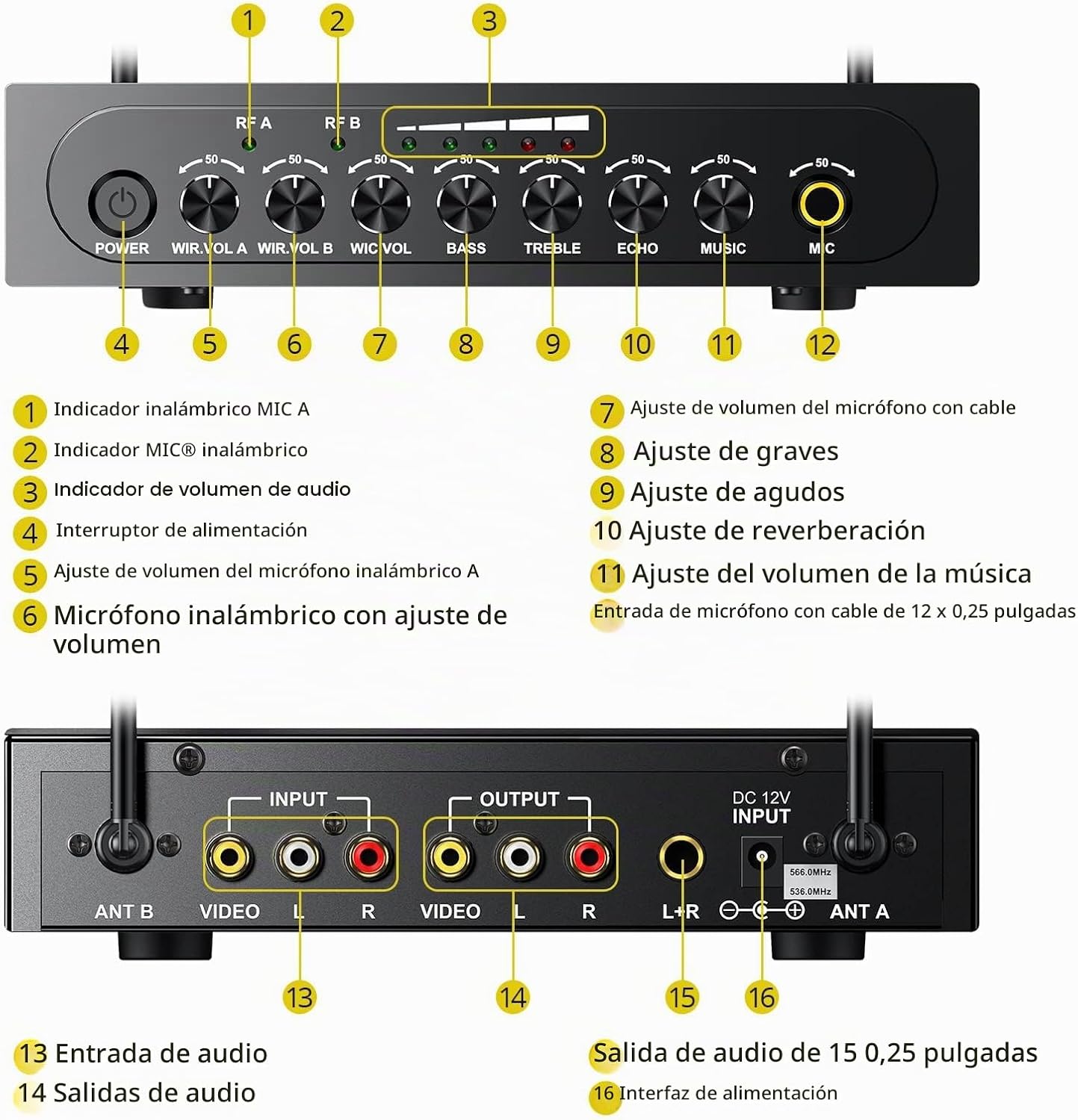 PROZOR Micrófono Inalámbrico UHF con Control de Volumen, Agudos, Gr...