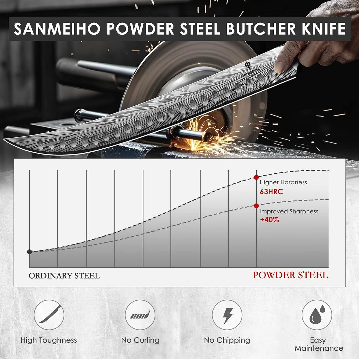 SANMEIHO Cuchillo de carnicero en acero en polvo de alto carbono, c...