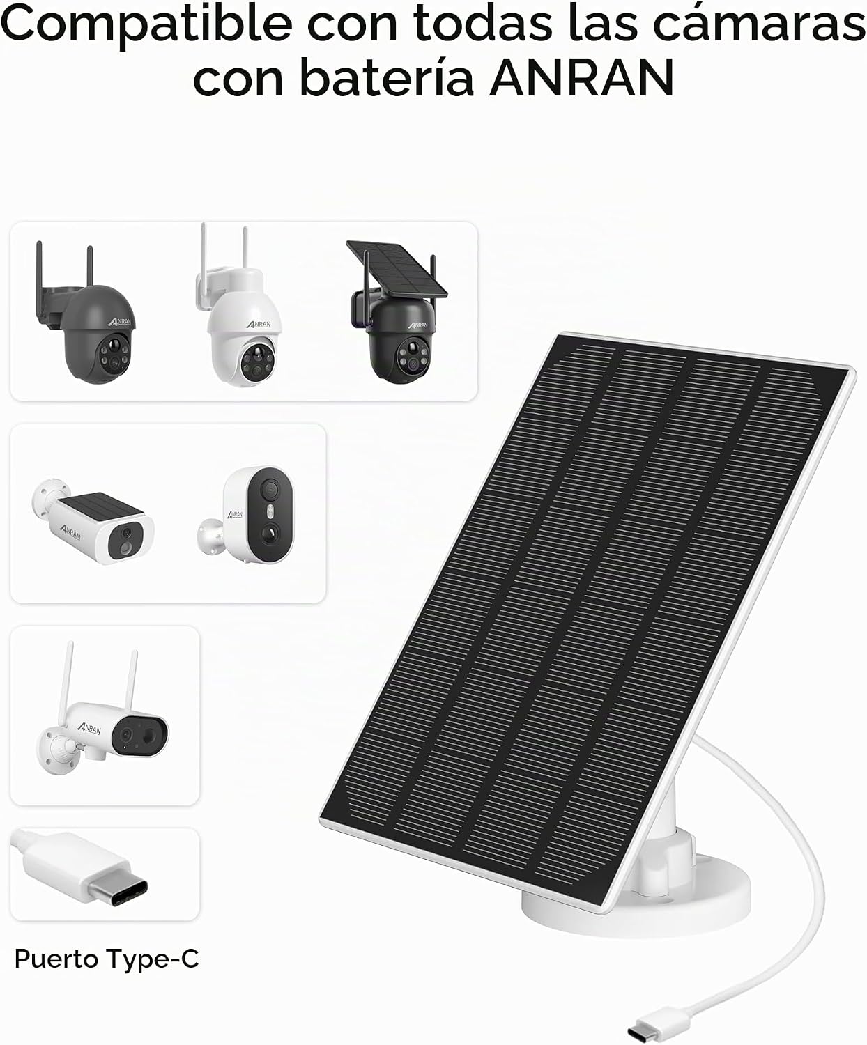 ANRAN Panel solar de 3 W con cable Micro USB de 3 m y puerto Tipo-C...