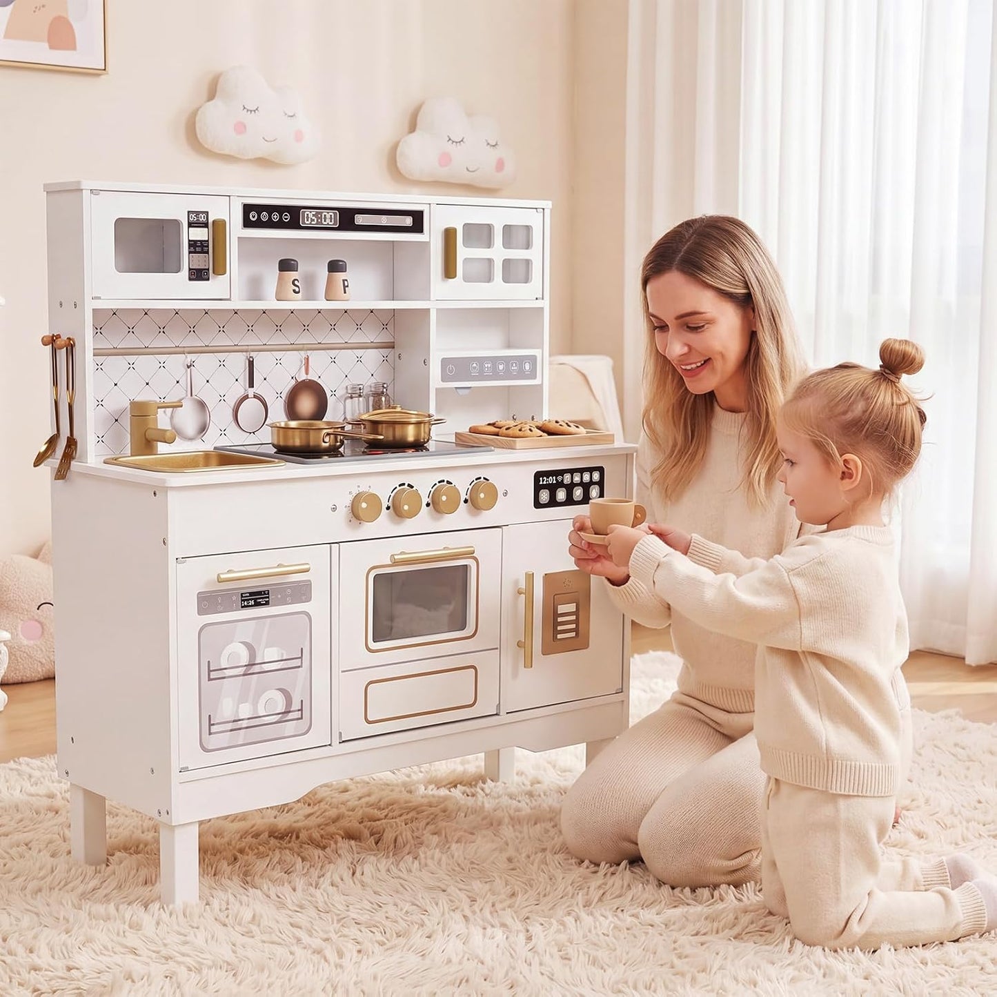 Cocina de madera para niños, moderno juego de cocina blanca con est...