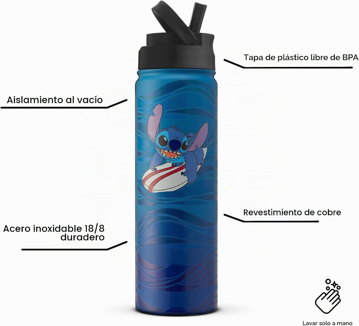 JoyJolt Disney Stitch Surf's Up - Botella de agua de acero inox...
