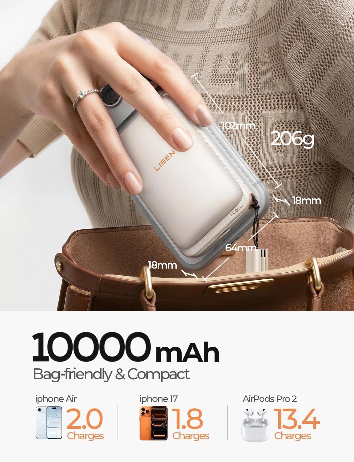 LISEN Cargador portátil magnético para iPhone 10000mAh | QI2.2 Carg...