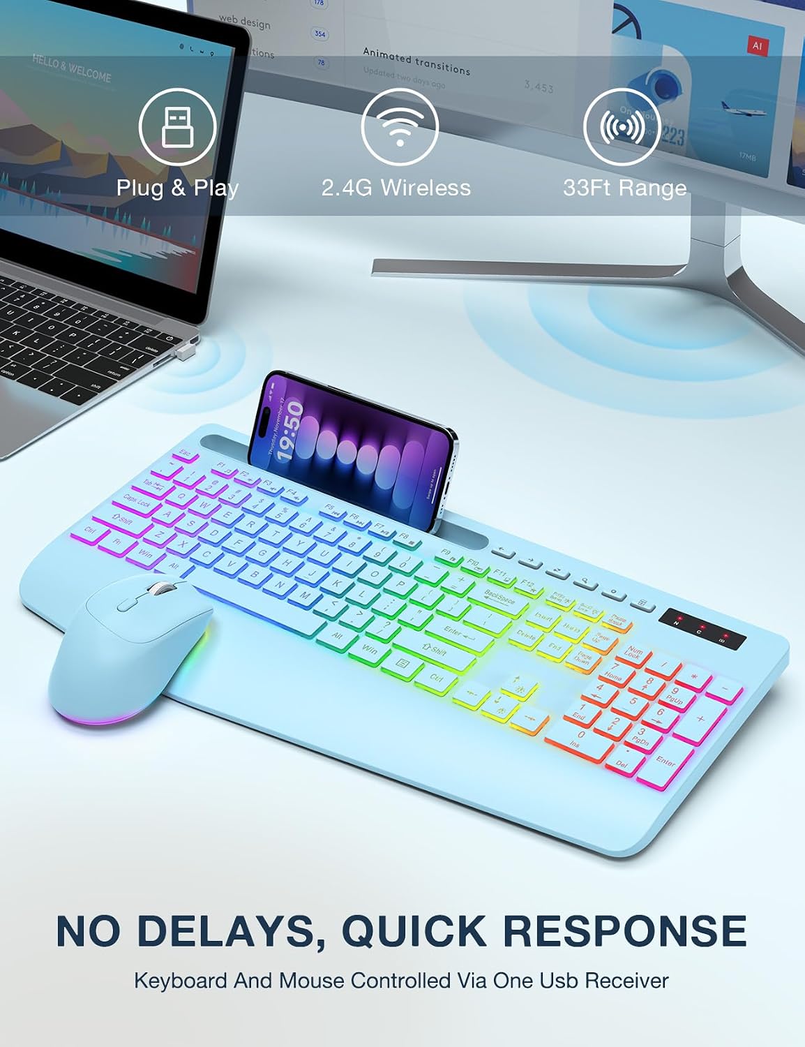 SABLUTE Combo de teclado y mouse inalámbricos, 9 efectos retroilumi...