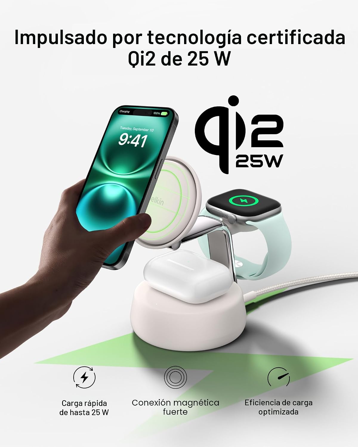 Belkin Estación de carga rápida inalámbrica Qi2.2 25W, cargador de...