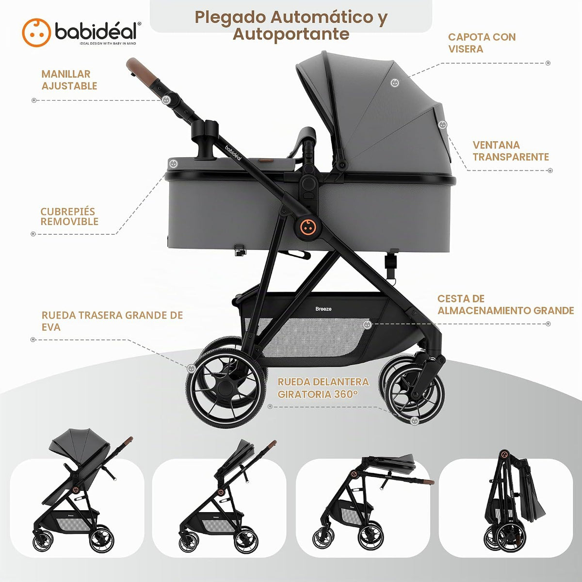 Babideal Cochecito de bebé para recién nacido y niño, plegado con u...