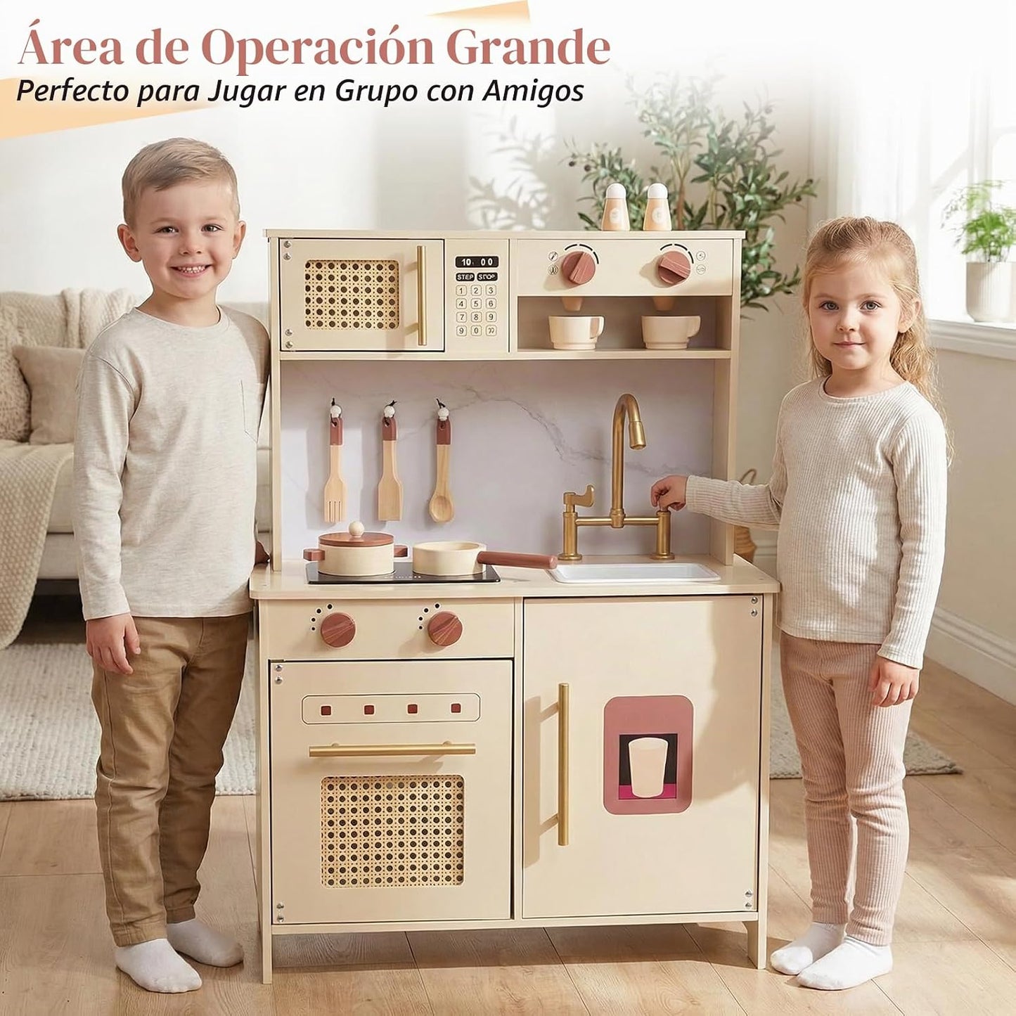 WoodenEdu Juego de cocina de madera para niños de 3 años, juego de...