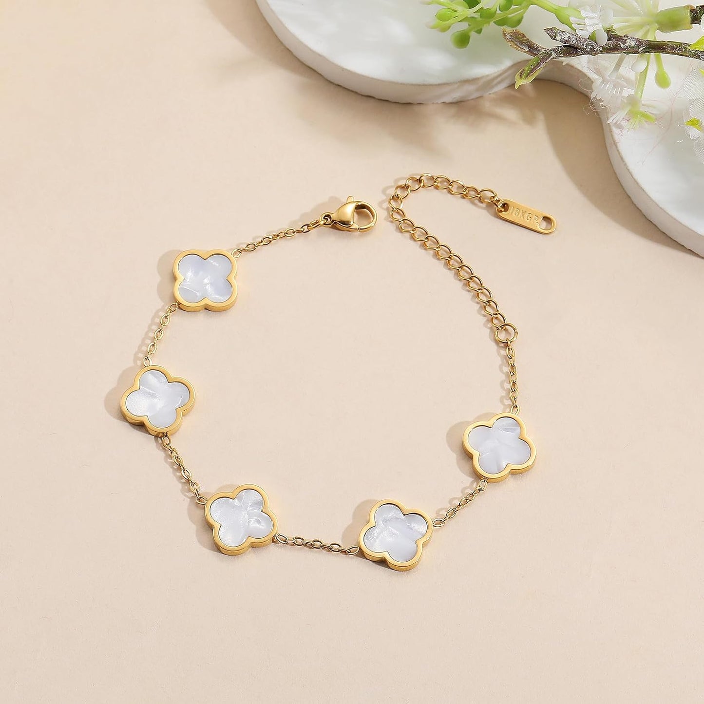AIPPK Pulsera de Trébol de la Suerte Chapada en Oro de 18K para Muj...