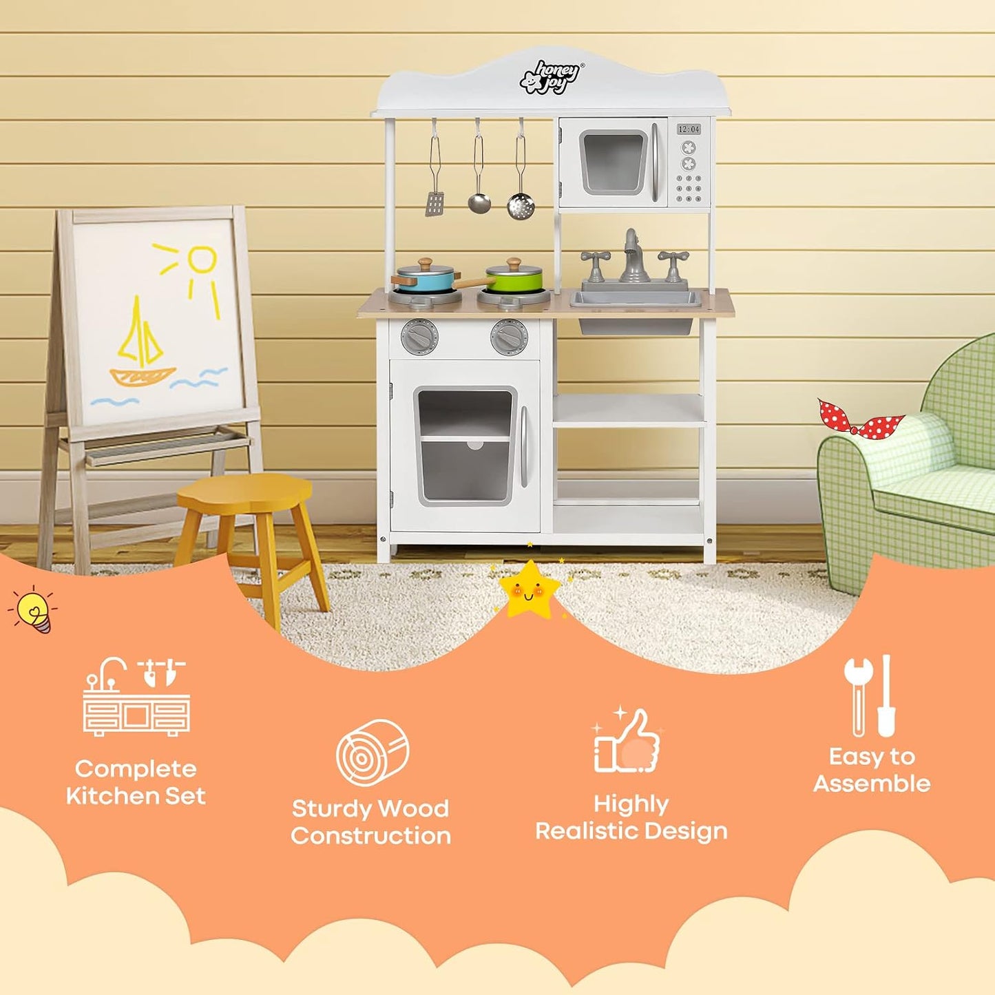 HONEY JOY Juego de cocina de madera para niños con microondas, freg...