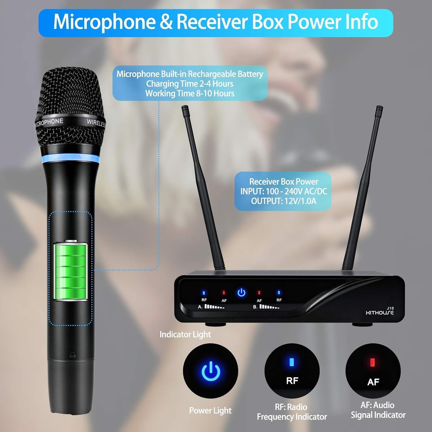 KITHOUSE Micrófono inalámbrico J10 Sistema de karaoke recargable, m...
