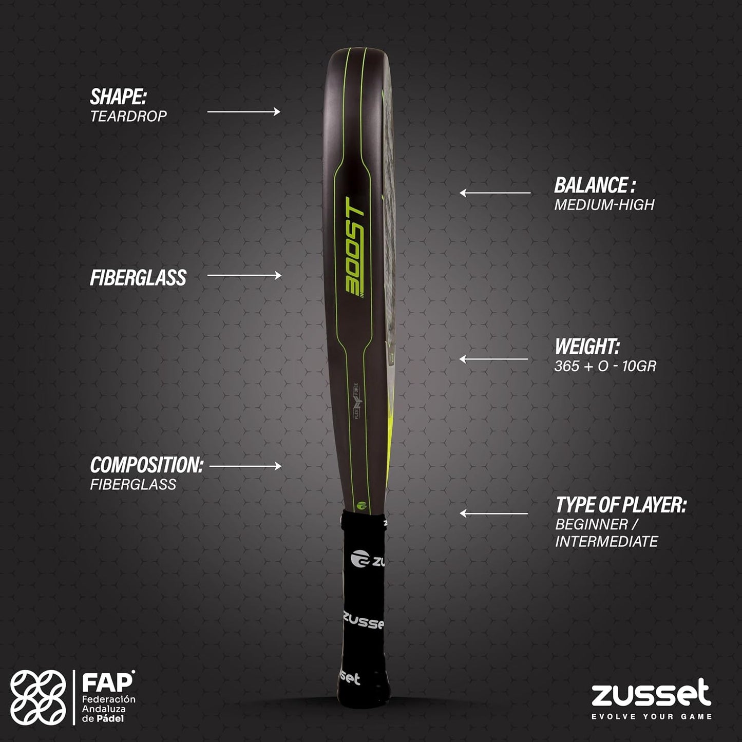 ZUSSET Pala Pádel Boost 2025 | Pala Padel Forma de Lágrima | 365gr...